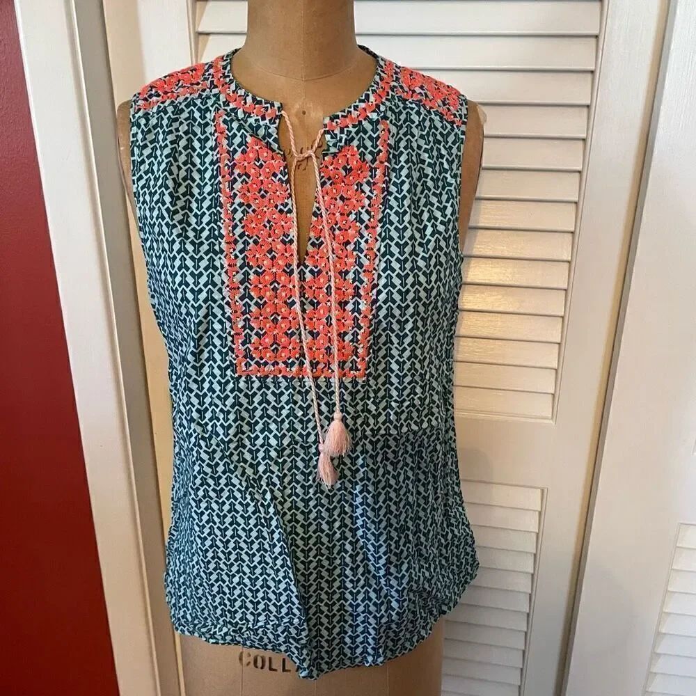 J CREW | teal and pink sleeveless tassel blouse 6